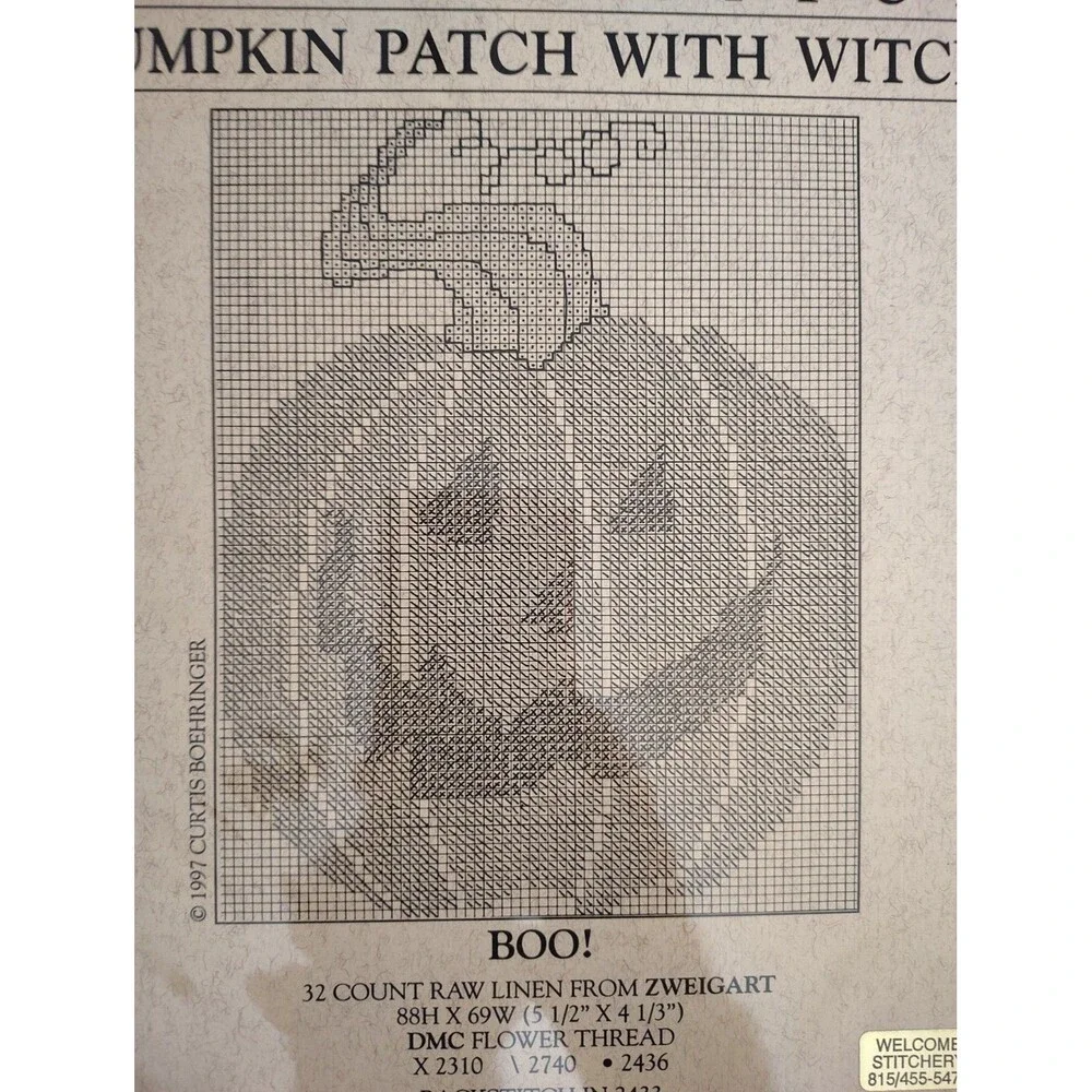 Curtis Boehringer Pumpkin Patch With Witch Cross Stitch Pattern Leaflet 1997 OOP